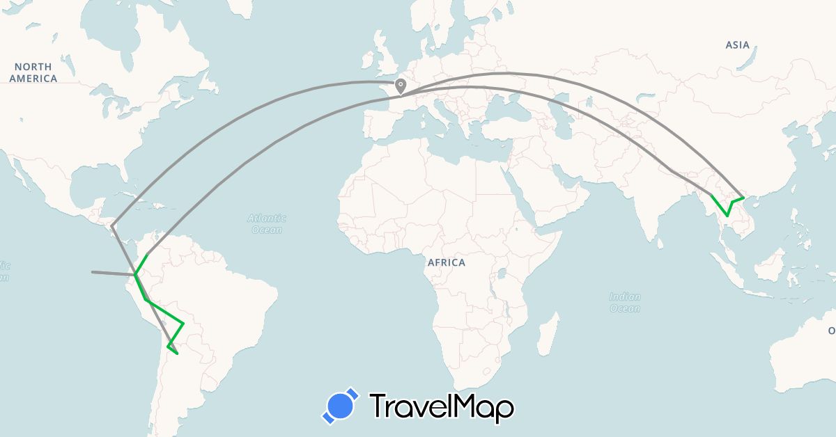TravelMap itinerary: bus, plane in Argentina, Bolivia, Chile, Colombia, Ecuador, France, Laos, Myanmar (Burma), Nicaragua, Nepal, Peru, Thailand, Vietnam (Asia, Europe, North America, South America)
